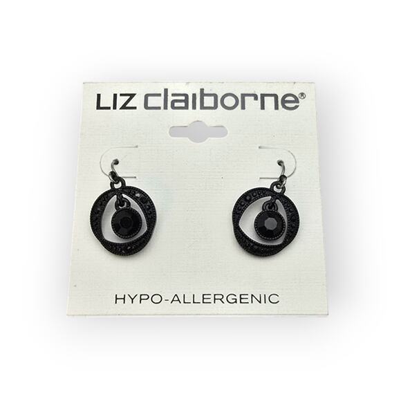 Black Art Deco Circle Drop Earrings Liz Claiborne Hypoallergenic Dangle Earrings - Picture 2 of 6